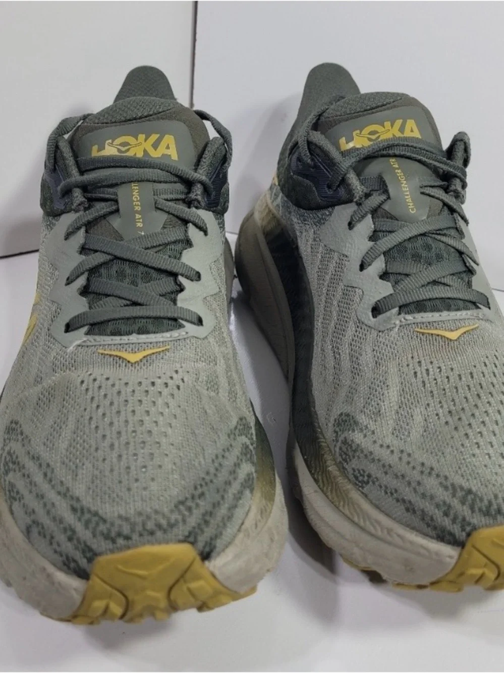 EUC Hoka Men's Sneakers in Grey, Olive Green with Yellow Logo Sz 9.5